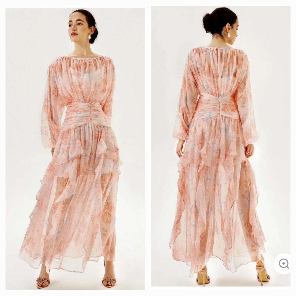 Elegant Peach Floral Maxi Dress with Ruffled Skirt
